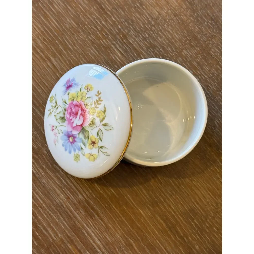 W. Rice Floral Porcelain Trinket Box with Lid Vintage Gold Rim Coquette